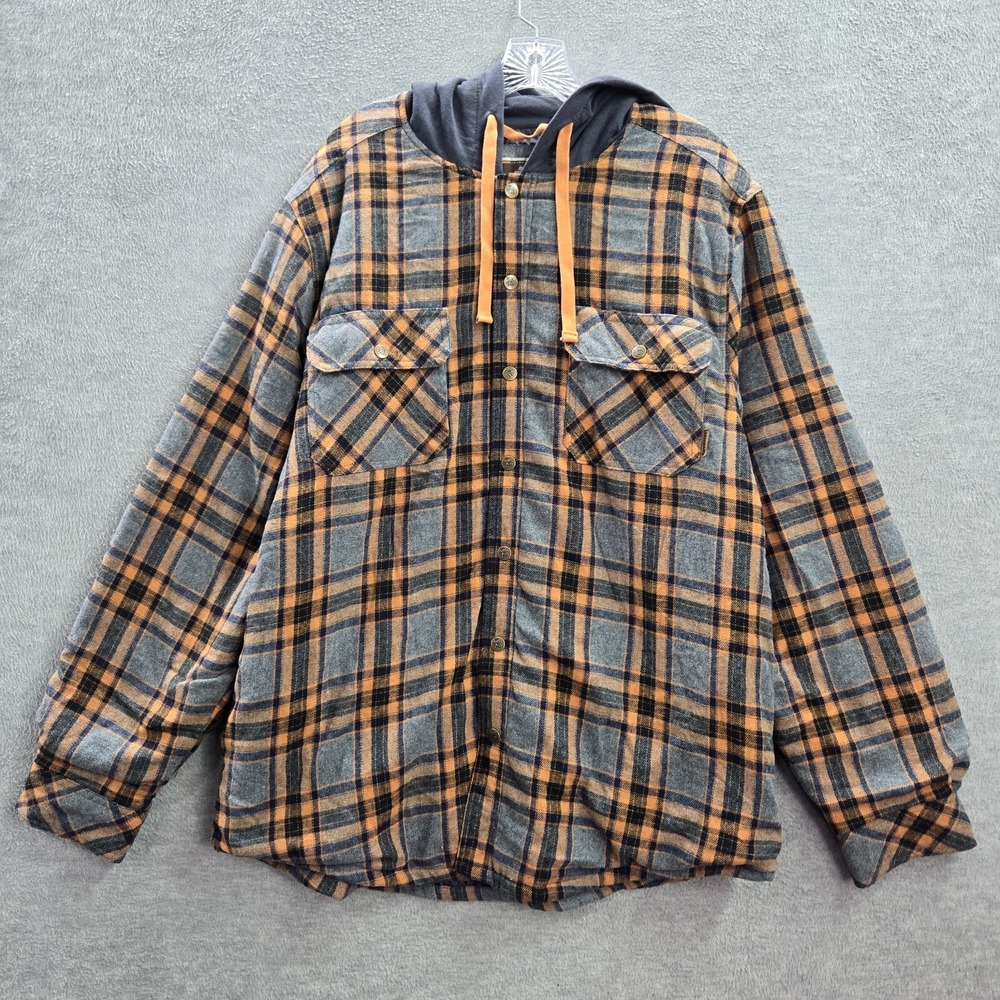Legendary Men Jacket XL Orange Plaid Shacket Quilted Lined Hoodie Drawstring